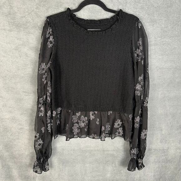 Anthropologie Sweater Womens Medium Black Layered Sheer Floral Whimsygoth Boho - Picture 2 of 14